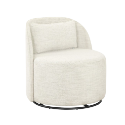 White boucle chair that swivels and has a black swivel on very bottom.