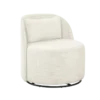 White boucle chair that swivels and has a black swivel on very bottom.