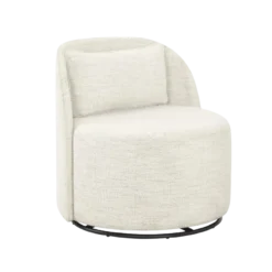 White boucle chair that swivels and has a black swivel on very bottom.