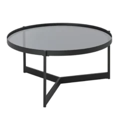 Tripod-style black metal base on Aria round glass coffee table