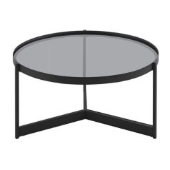 Modern black metal round coffee table with smoked glass top for wedding lounge rental