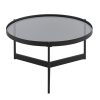 Aria round glass coffee table with smoked tempered glass and black metal base for event rental