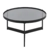 Aria round glass coffee table with smoked tempered glass and black metal base for event rental