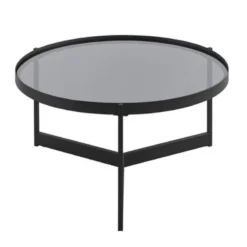Aria round glass coffee table with smoked tempered glass and black metal base for event rental