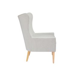 Clara light grey wingback lounge chair with natural wood legs for event rental