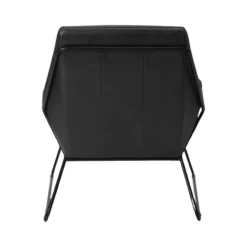 Back view of Hudson black leather lounge chair with sculptural design and metal legs