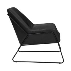 Side view of Hudson black leather accent chair with deep seat and curved silhouette