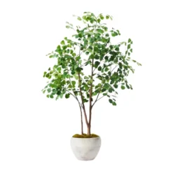 72-inch Olivia faux ficus tree with heart-shaped green leaves and white stone-look planter with moss top dressing