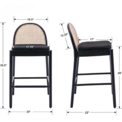 Marlowe rattan bar stool dimensions diagram showing 39.5 inch height, 20 inch width, and 29 inch seat height for event rental in Indianapolis