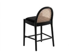 Marlowe black rattan bar stool with woven cane back and upholstered seat for event rental in Indianapolis