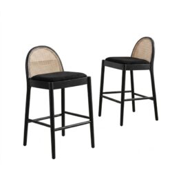 Pair of Marlowe rattan event bar stools with black wood frames and natural woven cane backs, available for rental in Indianapolis