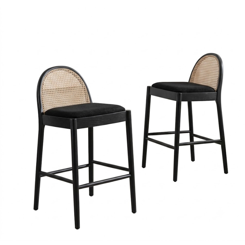 marlowe-rattan-event-bar-stools-pair-indianapolis Pair of Marlowe rattan event bar stools with black wood frames and natural woven cane backs, available for rental in Indianapolis