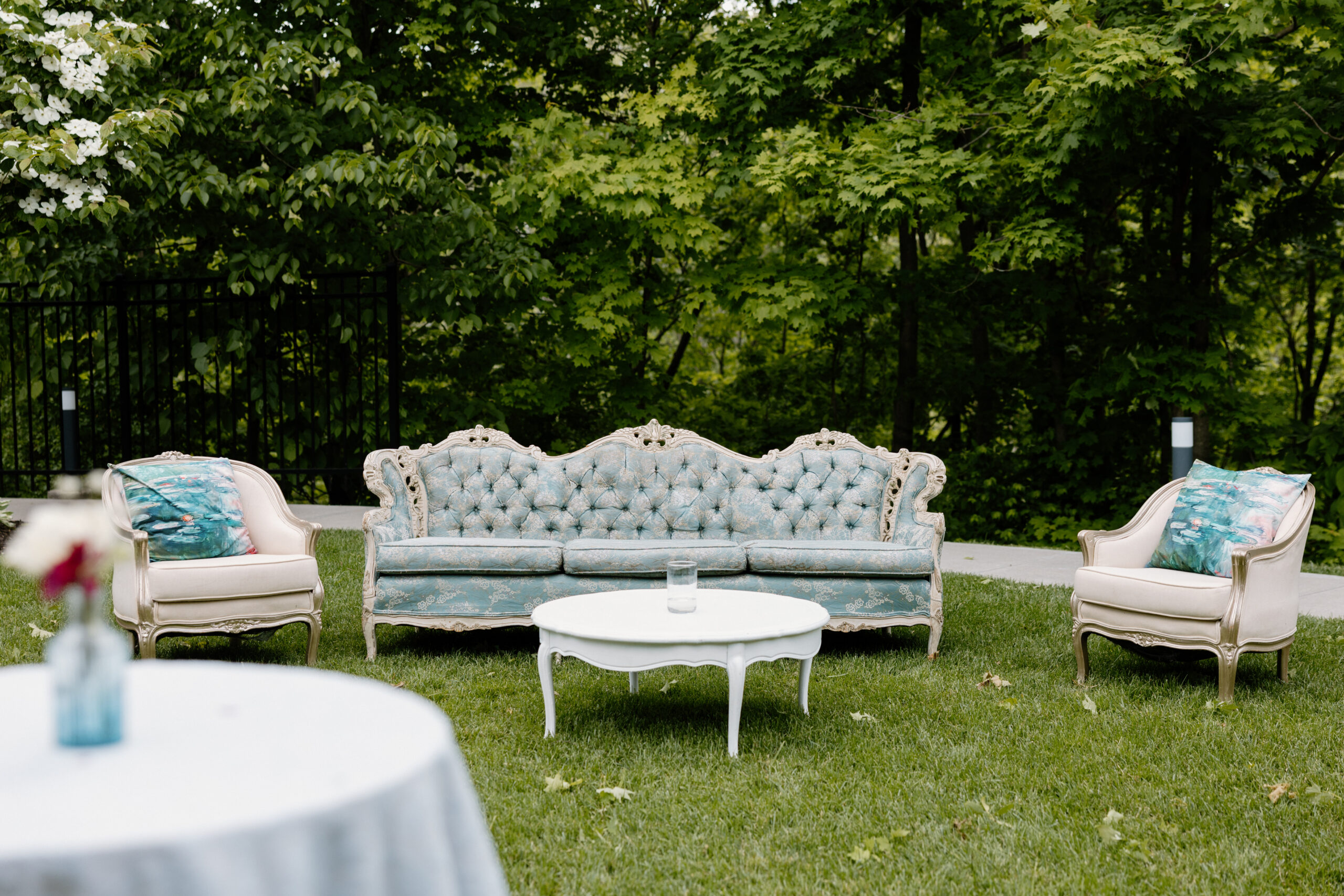 Wedding lounge furniture with Versailles Sofa, Sylvette Chairs, and Silverlake Coffee Table
