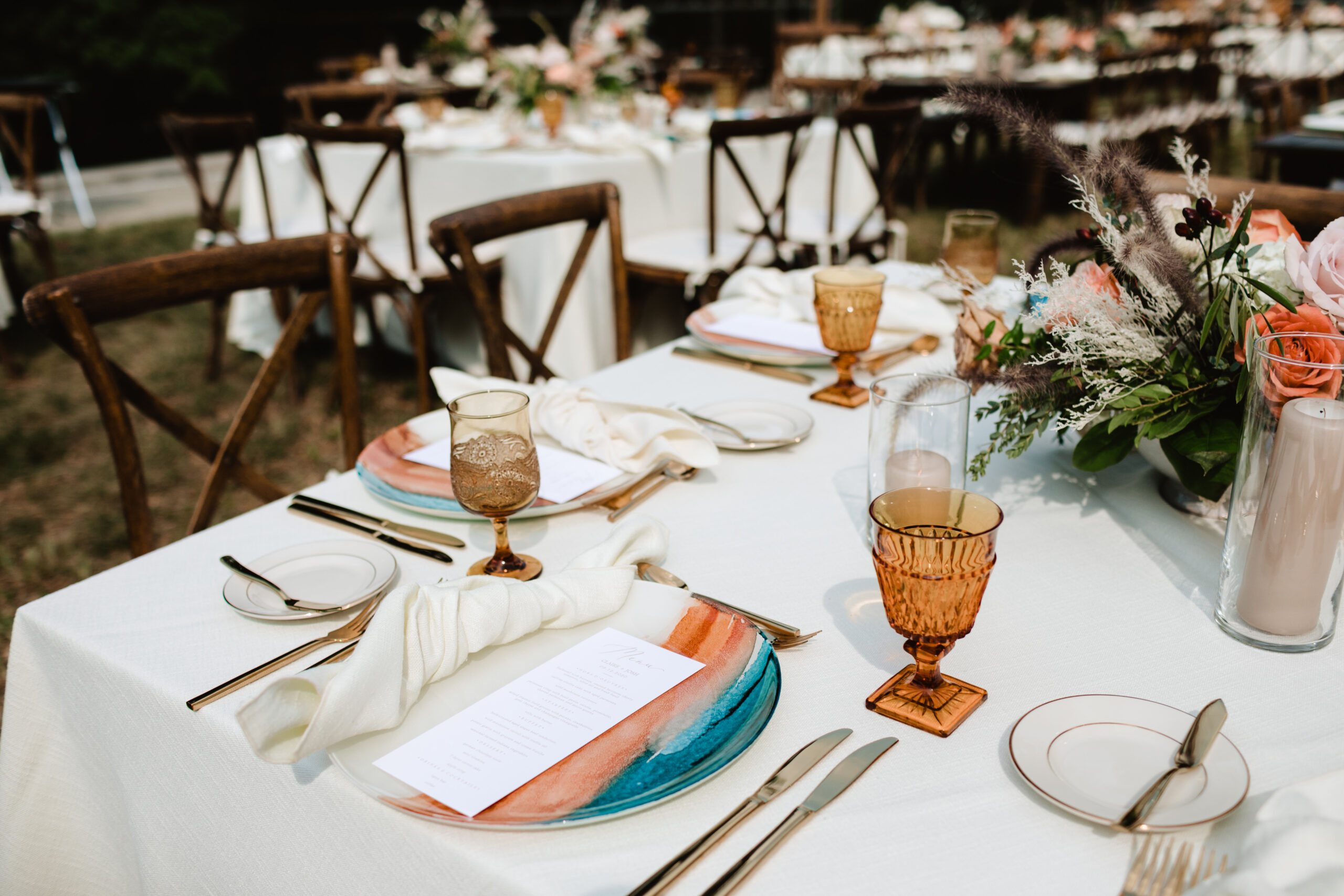 Amber Goblets on a wedding reception table
