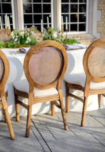 Louis cane back chairs and vintage rentals styled at Laurel Hall in Indianapolis