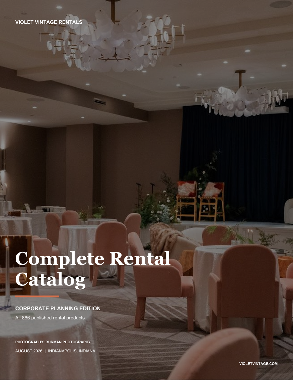 InterContinental Indianapolis ballroom with a speaking stage, lounge furniture, blush guest chairs and cocktail tables on the Violet Vintage complete catalog cover
